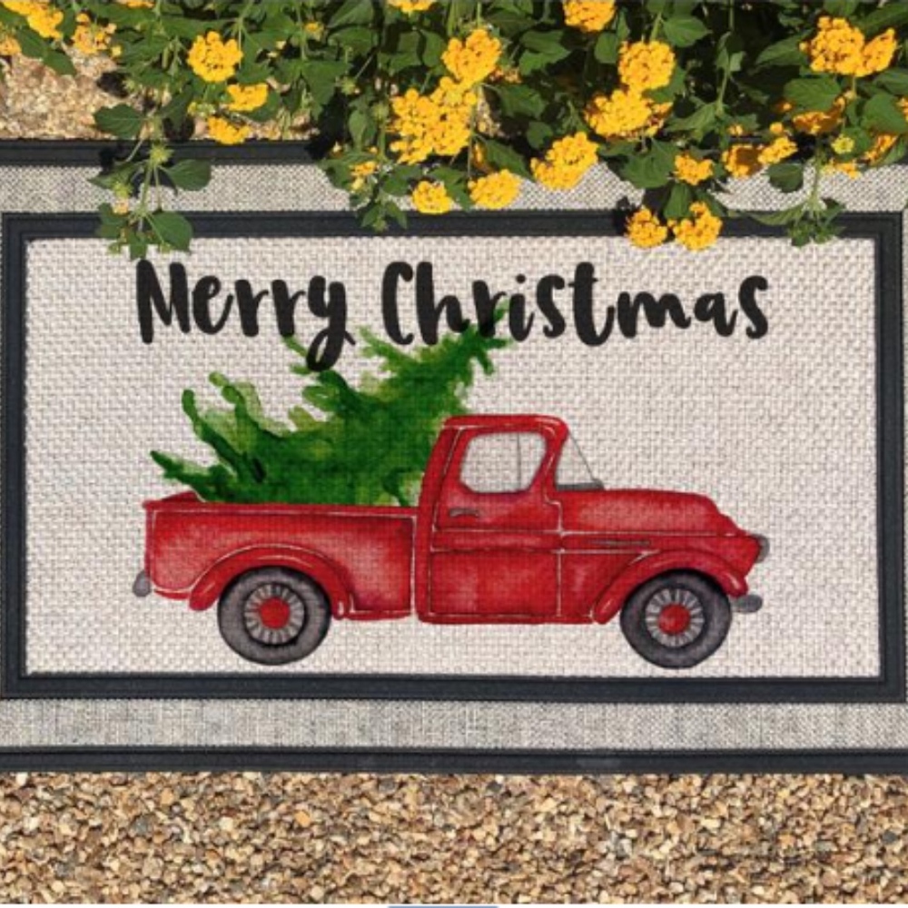 Funny Christmas Doormat, Red Truck and Tree